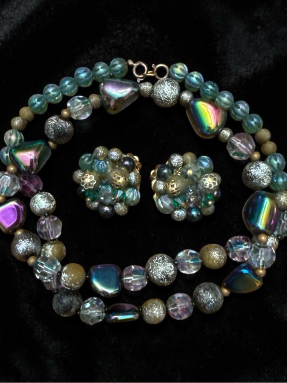 Vintage Iridescent Teal and Purple Beaded Necklace and Earrings Set